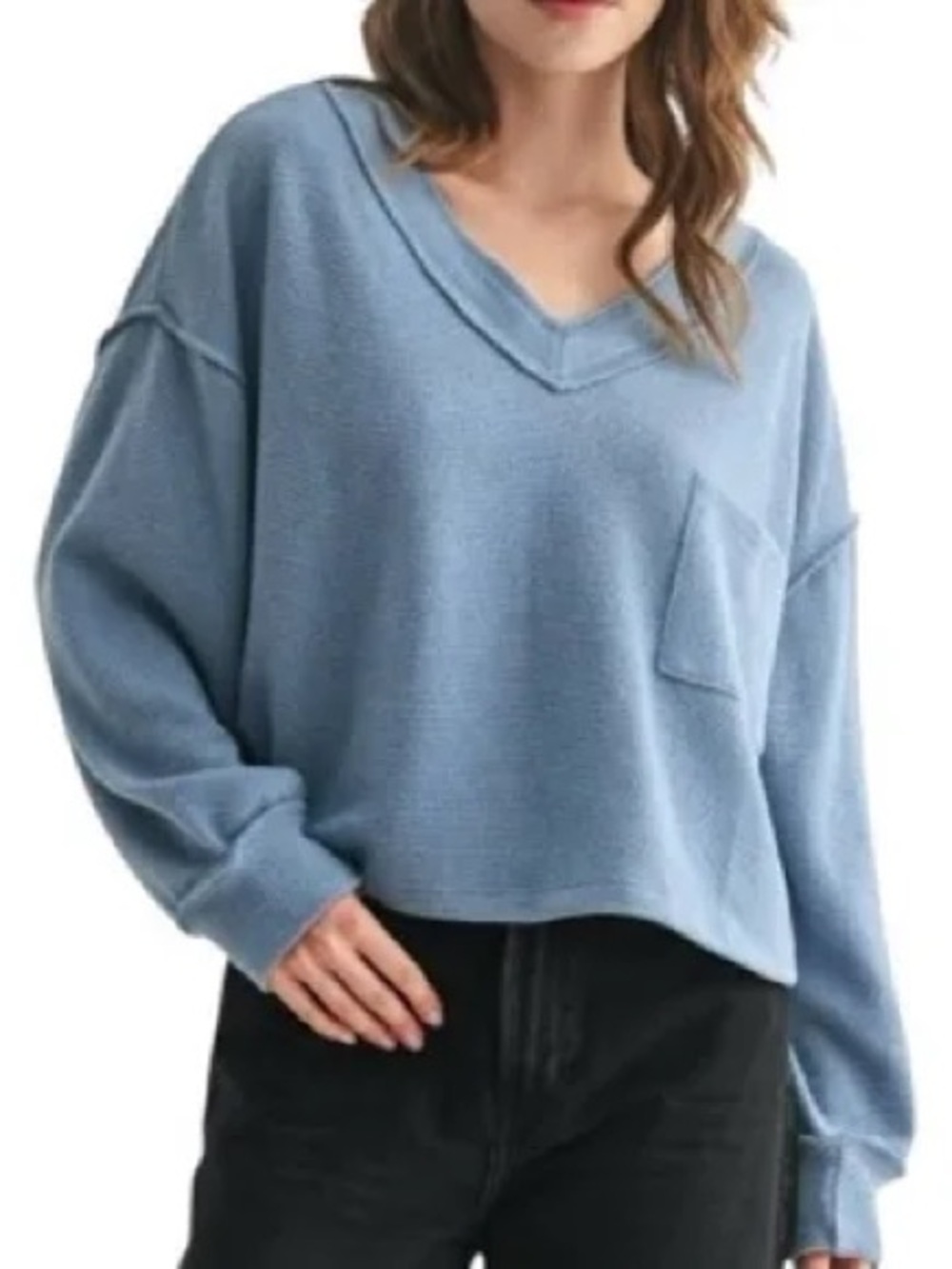 Lush Women's V-Neck Sweater in Dusty Blue